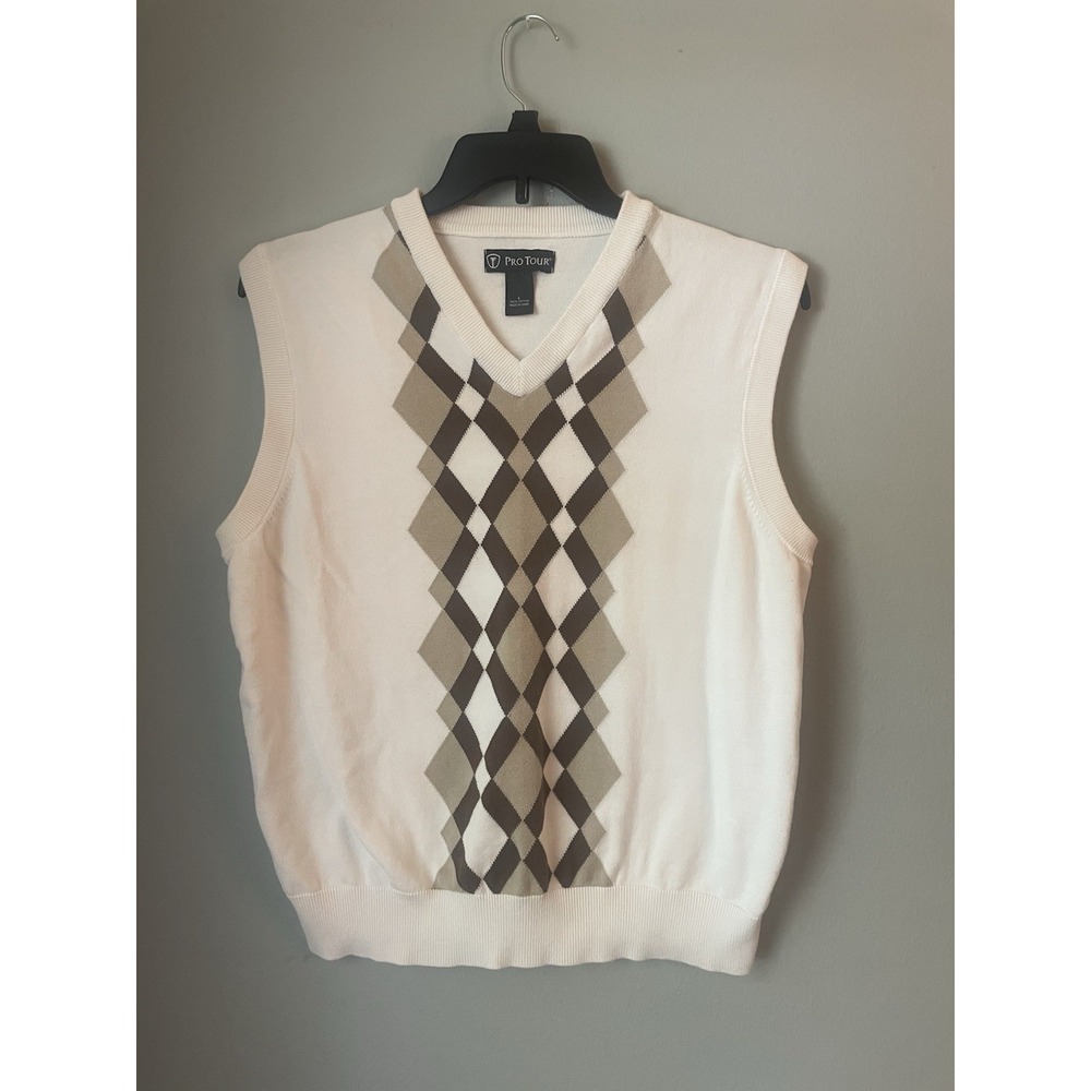 Pro Tour Mens Argyle‎ Sleeveless Golf Sweater Vest Size L V-Neck Preppy Academia